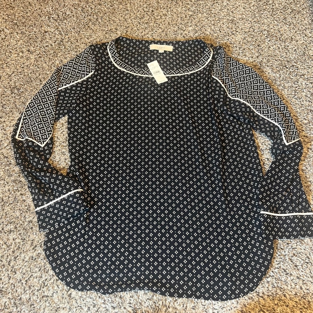 LOFT Black & White Geometric Print Long Sleeve Blouse